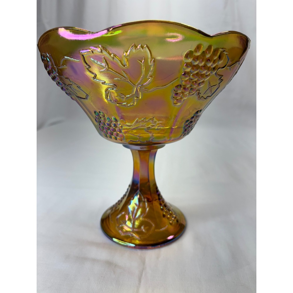 Vtg Carnival Glass Compote Iridescent Marigold Amber Harvest Grape Pedestal 8.5"
